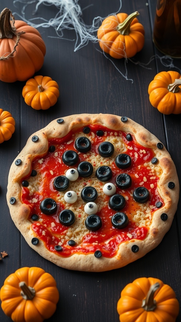 A spooky pizza with a crispy crust and Halloween-themed toppings on a rustic table.